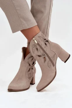 Damskie Zazoo Zamszowe Ażurowe Botki Damskie Na Słupku 3647 Cappuccino