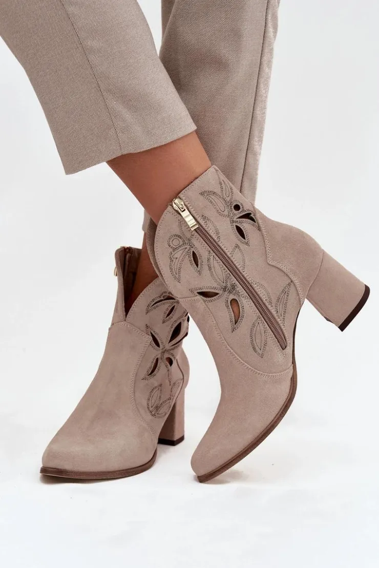 Damskie Zazoo Zamszowe Ażurowe Botki Damskie Na Słupku 3647 Cappuccino