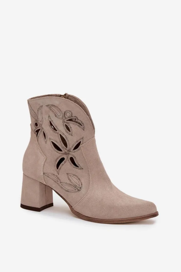 Damskie Zazoo Zamszowe Ażurowe Botki Damskie Na Słupku 3647 Cappuccino