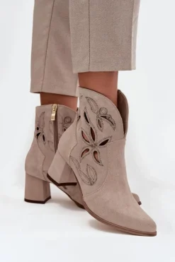 Damskie Zazoo Zamszowe Ażurowe Botki Damskie Na Słupku 3647 Cappuccino