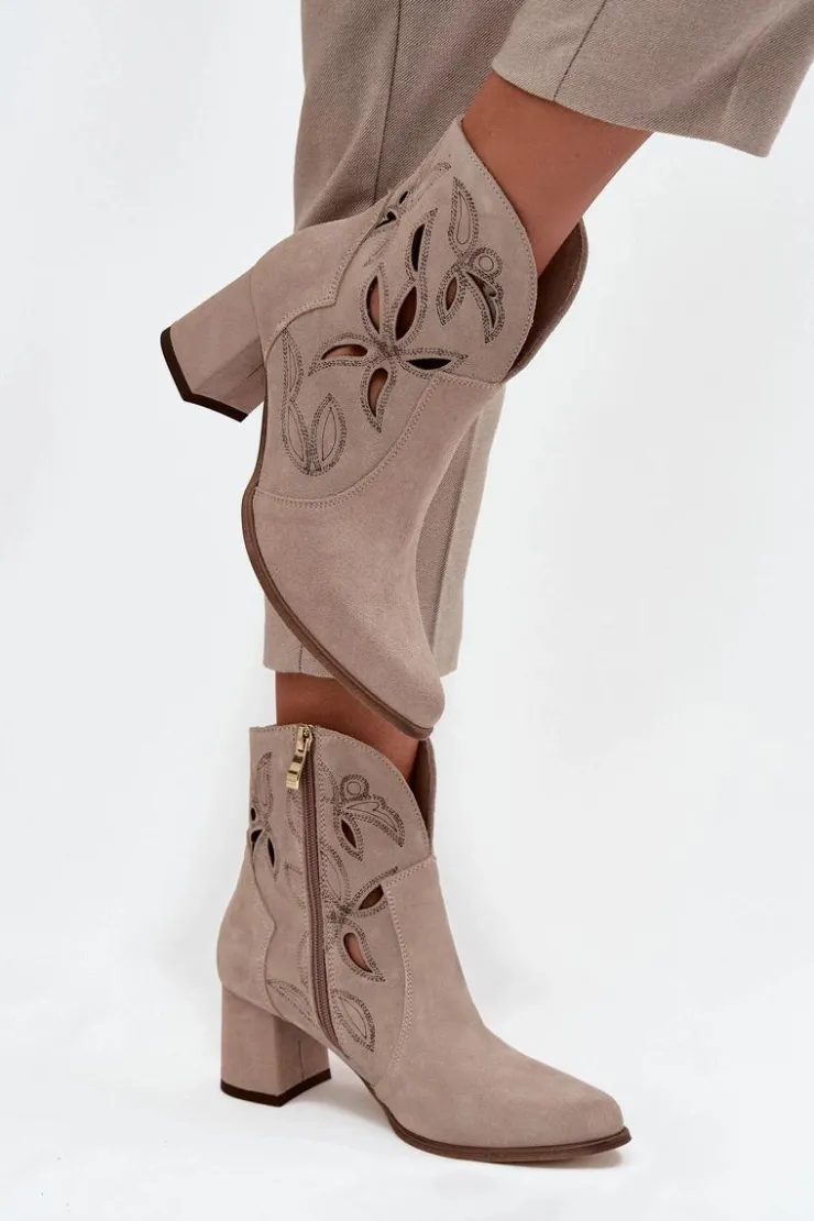 Damskie Zazoo Zamszowe Ażurowe Botki Damskie Na Słupku 3647 Cappuccino