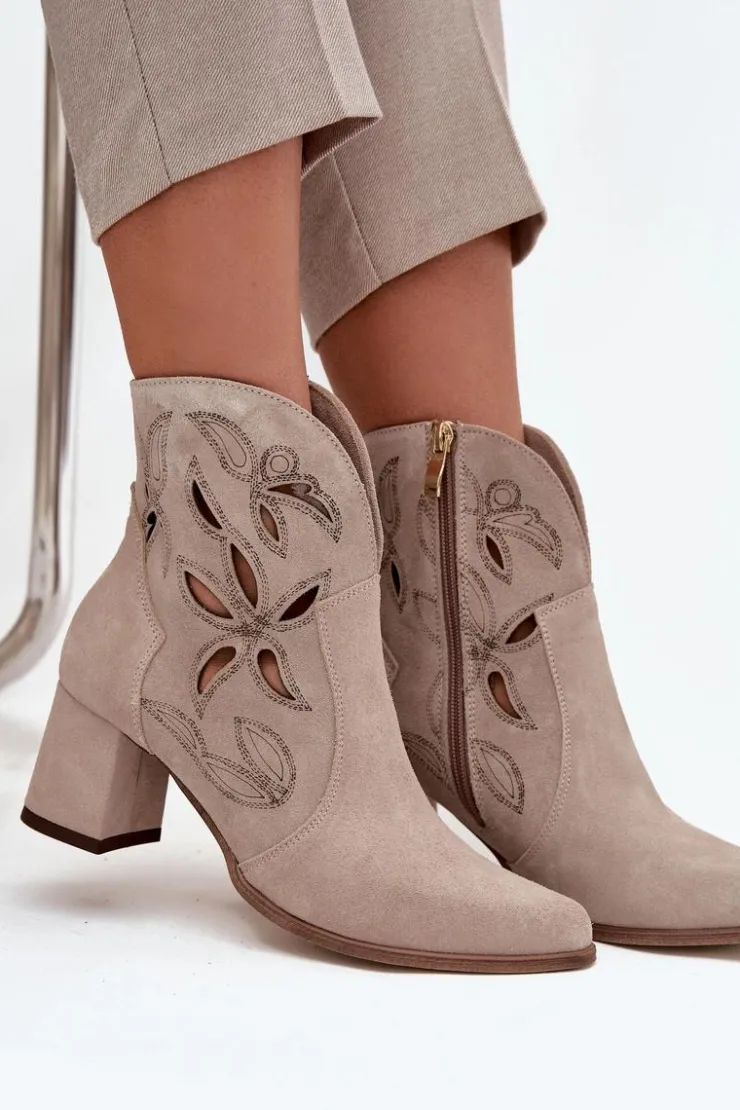 Damskie Zazoo Zamszowe Ażurowe Botki Damskie Na Słupku 3647 Cappuccino