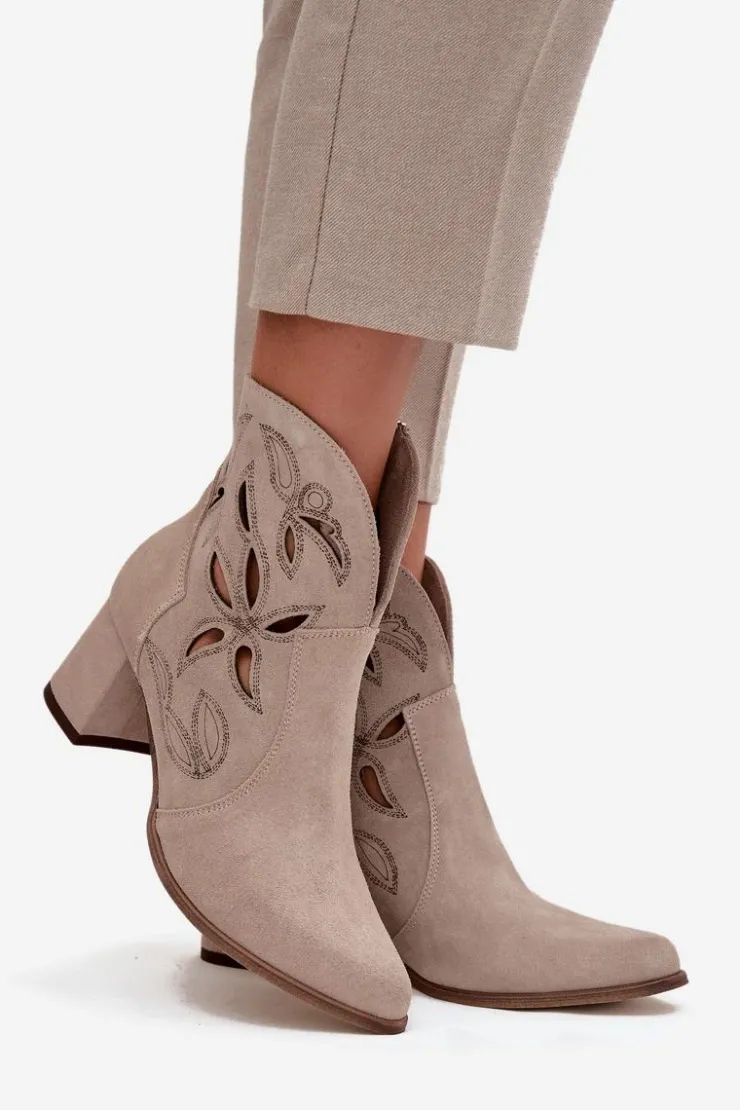 Damskie Zazoo Zamszowe Ażurowe Botki Damskie Na Słupku 3647 Cappuccino