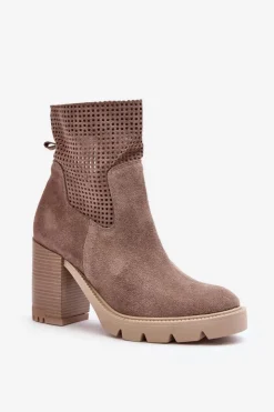 Damskie Boto Zamszowe Ażurowe Botki Damskie Na Słupku Beżowe Lewski 3386