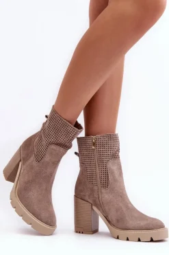 Damskie Boto Zamszowe Ażurowe Botki Damskie Na Słupku Beżowe Lewski 3386