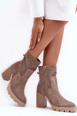 Damskie Boto Zamszowe Ażurowe Botki Damskie Na Słupku Beżowe Lewski 3386