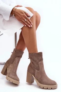 Damskie Boto Zamszowe Ażurowe Botki Damskie Na Słupku Beżowe Lewski 3386