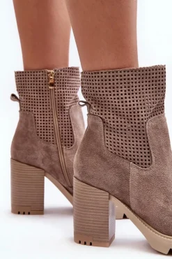 Damskie Boto Zamszowe Ażurowe Botki Damskie Na Słupku Beżowe Lewski 3386