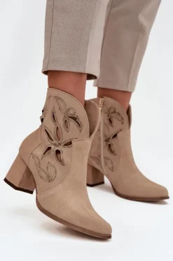 Zazoo Botki Skórzane|Botki Na Słupku*Zamszowe Ażurowe Botki Damskie Na Słupku 3647 Beżowe Beżowy