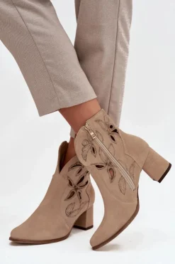 Zazoo Botki Skórzane|Botki Na Słupku*Zamszowe Ażurowe Botki Damskie Na Słupku 3647 Beżowe Beżowy