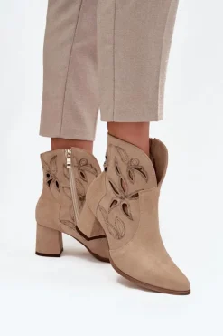 Zazoo Botki Skórzane|Botki Na Słupku*Zamszowe Ażurowe Botki Damskie Na Słupku 3647 Beżowe Beżowy