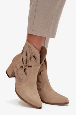 Zazoo Botki Skórzane|Botki Na Słupku*Zamszowe Ażurowe Botki Damskie Na Słupku 3647 Beżowe Beżowy
