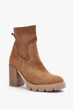 Boto Botki Wiosenne|Botki Skórzane*Zamszowe Ażurowe Botki Damskie Na Słupku Camel Lewski 3386 Brązowy