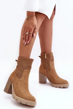 Boto Botki Wiosenne|Botki Skórzane*Zamszowe Ażurowe Botki Damskie Na Słupku Camel Lewski 3386 Brązowy