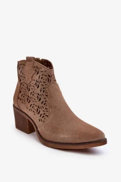 Damskie Damskie buty S.Barski Zamszowe Ażurowe Botki Kowbojki D&A SN622-21 Ciemnobeżowe