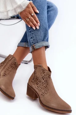 Damskie Damskie buty S.Barski Zamszowe Ażurowe Botki Kowbojki D&A SN622-21 Ciemnobeżowe