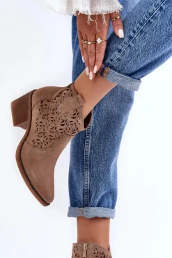 Damskie Damskie buty S.Barski Zamszowe Ażurowe Botki Kowbojki D&A SN622-21 Ciemnobeżowe