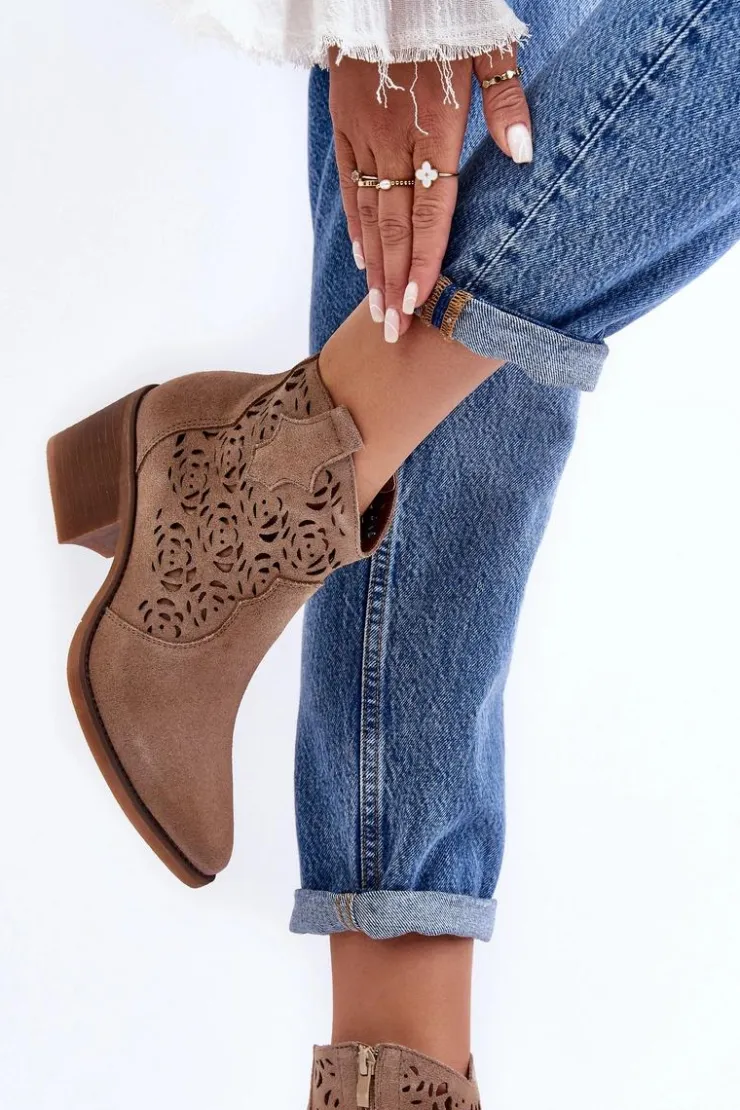 Damskie Damskie buty S.Barski Zamszowe Ażurowe Botki Kowbojki D&A SN622-21 Ciemnobeżowe