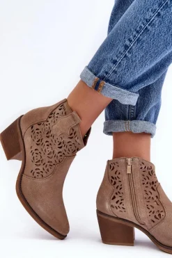 Damskie Damskie buty S.Barski Zamszowe Ażurowe Botki Kowbojki D&A SN622-21 Ciemnobeżowe