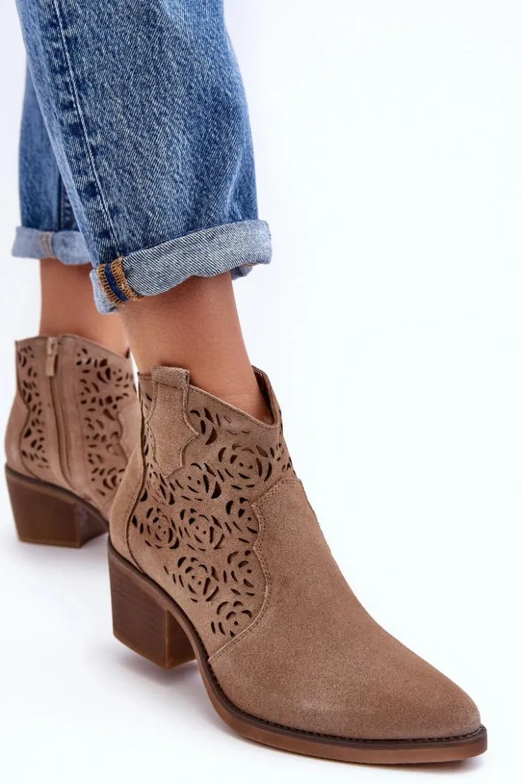 Damskie Damskie buty S.Barski Zamszowe Ażurowe Botki Kowbojki D&A SN622-21 Ciemnobeżowe