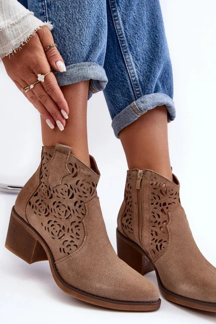 Damskie Damskie buty S.Barski Zamszowe Ażurowe Botki Kowbojki D&A SN622-21 Ciemnobeżowe