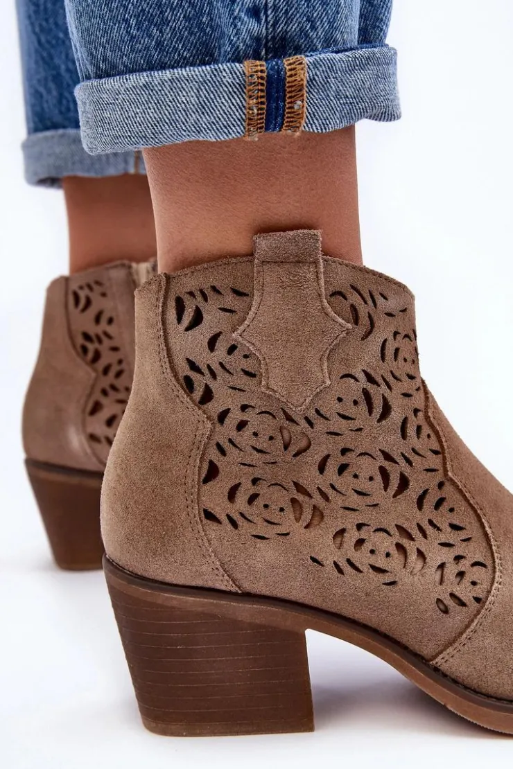 Damskie Damskie buty S.Barski Zamszowe Ażurowe Botki Kowbojki D&A SN622-21 Ciemnobeżowe