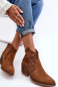 Damskie buty S.Barski Botki Wiosenne|Botki Skórzane*Zamszowe Ażurowe Botki Kowbojki D&A SN622-21 Camel