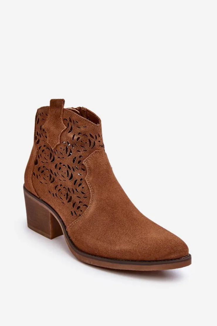 Damskie buty S.Barski Botki Wiosenne|Botki Skórzane*Zamszowe Ażurowe Botki Kowbojki D&A SN622-21 Camel