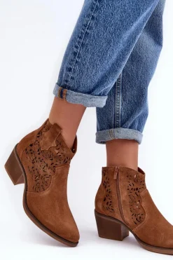 Damskie buty S.Barski Botki Wiosenne|Botki Skórzane*Zamszowe Ażurowe Botki Kowbojki D&A SN622-21 Camel