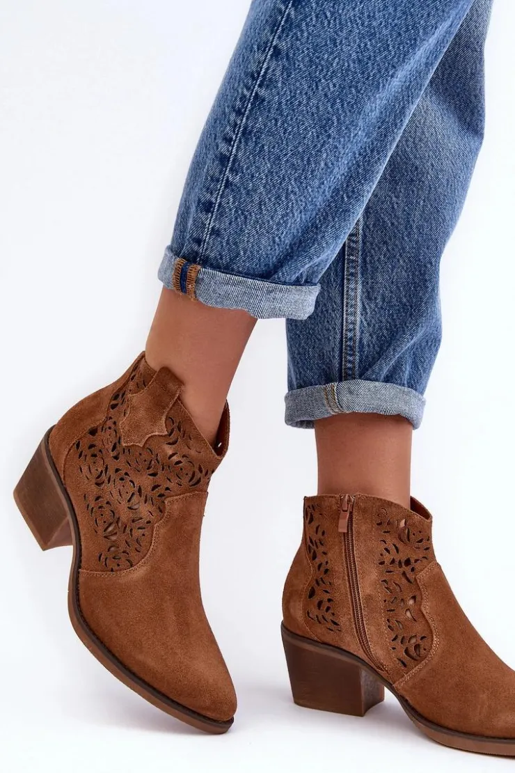 Damskie buty S.Barski Botki Wiosenne|Botki Skórzane*Zamszowe Ażurowe Botki Kowbojki D&A SN622-21 Camel