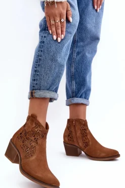 Damskie buty S.Barski Botki Wiosenne|Botki Skórzane*Zamszowe Ażurowe Botki Kowbojki D&A SN622-21 Camel