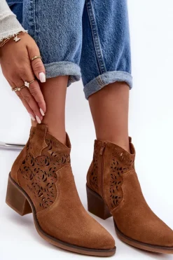 Damskie buty S.Barski Botki Wiosenne|Botki Skórzane*Zamszowe Ażurowe Botki Kowbojki D&A SN622-21 Camel