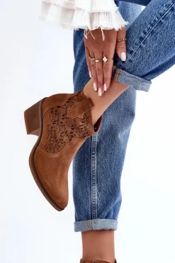 Damskie buty S.Barski Botki Wiosenne|Botki Skórzane*Zamszowe Ażurowe Botki Kowbojki D&A SN622-21 Camel