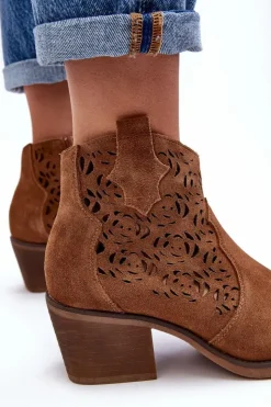 Damskie buty S.Barski Botki Wiosenne|Botki Skórzane*Zamszowe Ażurowe Botki Kowbojki D&A SN622-21 Camel