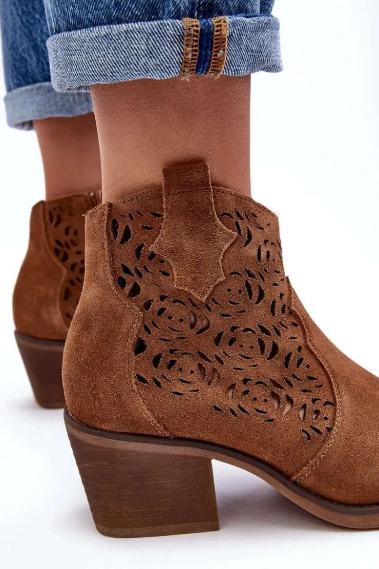 Damskie buty S.Barski Botki Wiosenne|Botki Skórzane*Zamszowe Ażurowe Botki Kowbojki D&A SN622-21 Camel