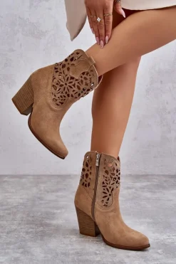 Boto Botki Wiosenne|Botki Na Słupku*Zamszowe Ażurowe Botki Kowbojki Lewski Shoes 3265 Ciemnobeżowe