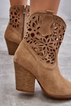 Boto Botki Wiosenne|Botki Na Słupku*Zamszowe Ażurowe Botki Kowbojki Lewski Shoes 3265 Ciemnobeżowe