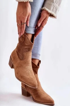 Damskie Boto Zamszowe Ażurowe Botki Kowbojki Z Przeszyciem Camel Elvire