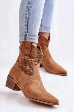 Damskie Boto Zamszowe Ażurowe Botki Kowbojki Z Przeszyciem Camel Elvire