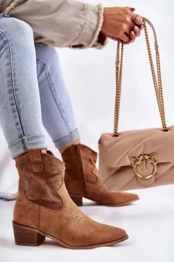 Damskie Boto Zamszowe Ażurowe Botki Kowbojki Z Przeszyciem Camel Elvire