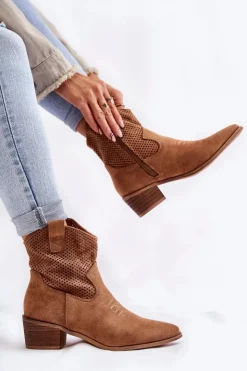 Damskie Boto Zamszowe Ażurowe Botki Kowbojki Z Przeszyciem Camel Elvire