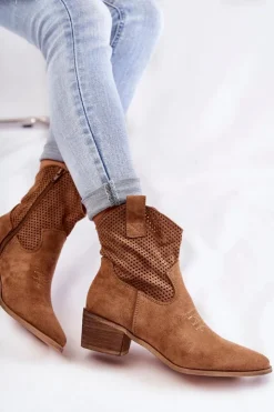 Damskie Boto Zamszowe Ażurowe Botki Kowbojki Z Przeszyciem Camel Elvire