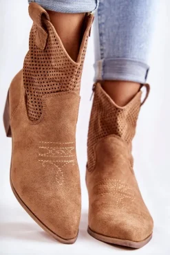 Damskie Boto Zamszowe Ażurowe Botki Kowbojki Z Przeszyciem Camel Elvire