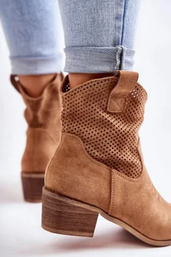 Damskie Boto Zamszowe Ażurowe Botki Kowbojki Z Przeszyciem Camel Elvire