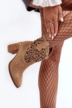 Damskie Boto Zamszowe Ażurowe Botki Lewski Shoes 3264 Ciemnobeżowe