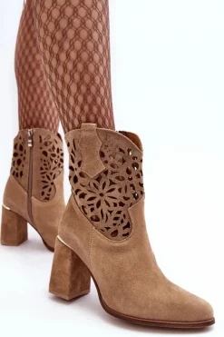 Damskie Boto Zamszowe Ażurowe Botki Lewski Shoes 3264 Ciemnobeżowe