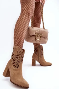 Damskie Boto Zamszowe Ażurowe Botki Lewski Shoes 3264 Ciemnobeżowe