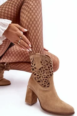 Damskie Boto Zamszowe Ażurowe Botki Lewski Shoes 3264 Ciemnobeżowe