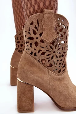 Damskie Boto Zamszowe Ażurowe Botki Lewski Shoes 3264 Ciemnobeżowe