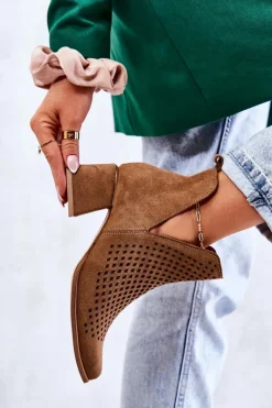 Boto Botki Wiosenne|Botki Na Słupku*Zamszowe Ażurowe Botki Lewski Shoes 3165 Camel